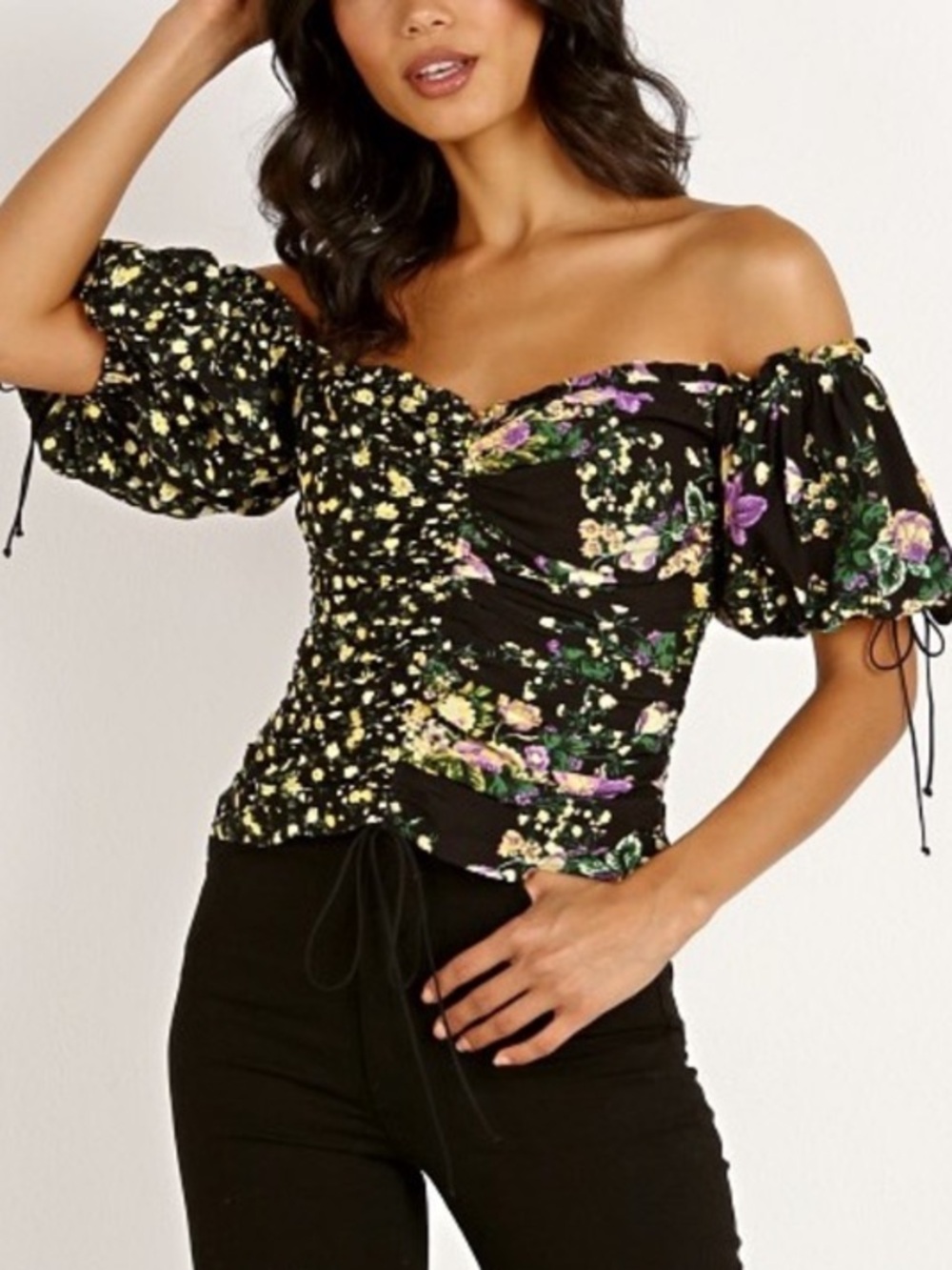 For Love & Lemons Eileen Off the Shoulder Top October Floral Puff Sleeve XS